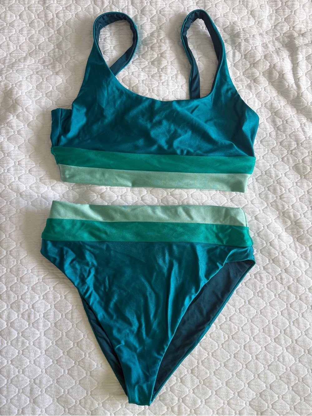 Teal High-Waist Stripe Bikini Set - Women Swim